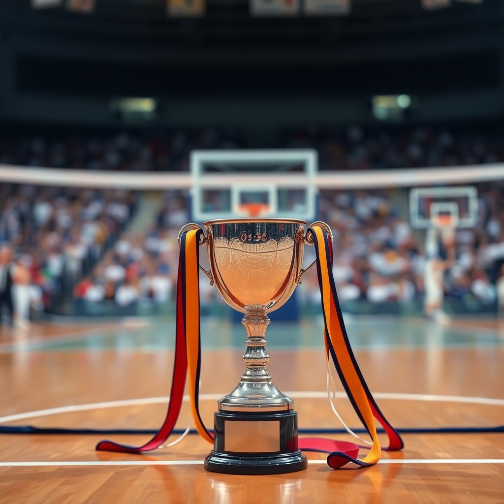 Sports trophy and a net on a sports court, victory celebration atmosphere, blurred background.
