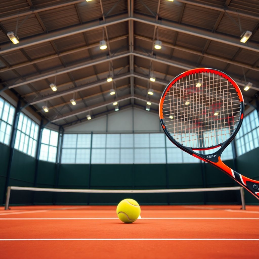 Interior of a modern tennis court inside a sports hall, professional lighting, tennis racket and ball in focus.